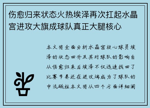 伤愈归来状态火热埃泽再次扛起水晶宫进攻大旗成球队真正大腿核心