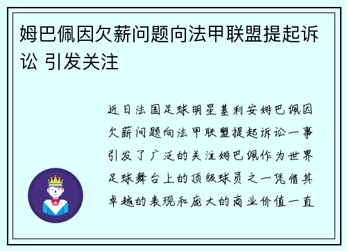 姆巴佩因欠薪问题向法甲联盟提起诉讼 引发关注